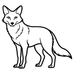 A black and white line drawing of a fox standing sideways, isolated on white background