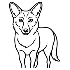A black and white line drawing of a fox standing, isolated on white background