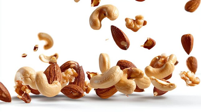Mixed nuts in mid-air, scattered against a white background