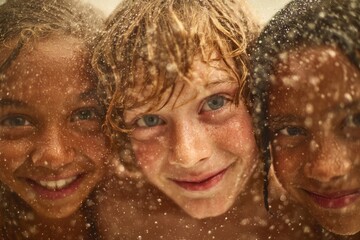 Happy kids in a shower