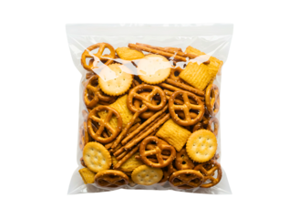 Bag of assorted savory crackers and pretzels isolated on transparent background