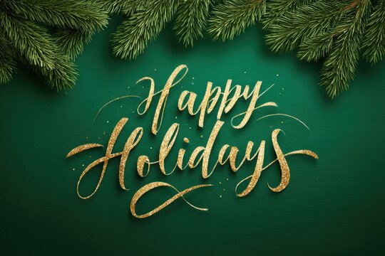 Gold glitter "Happy Holidays" text on green backdrop, framed by pine branches