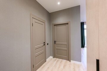Neutral-toned interior with two panel doors, grey walls, and light wood flooring. A glimpse of a room with green curtains is visible