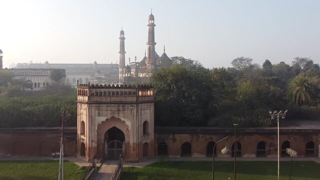 Aerial drone view of bada imambada or mosque in lucknow city of inda