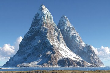 Snow-capped mountain peaks rise above a coastal plain