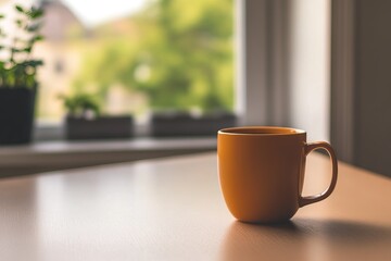 A muted orange mug on a light wooden table near a window with out-of-focus greenery