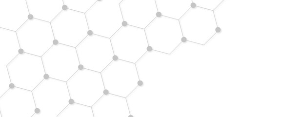 Hexagons pattern on gray background. Genetic research, molecular structure. Chemical engineering. Concept of innovation technology. Used for design healthcare, science and medicine background