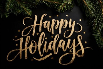 Gold glitter "Happy Holidays" text on black, framed by pine sprigs