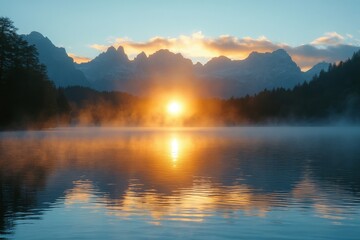 Fototapeta premium Impressive summer sunrise over Eibsee Lake with the Zugspitze mountain range in the background, capturing the beauty of nature in the German Alps, Bavaria, Generative AI