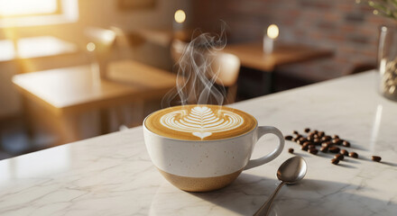 Close up of a cup of coffee with latte art on a marble countertop with coffee beans and a spoon near