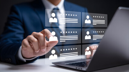 Professional selecting best candidate from digital profile display on screen