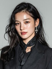 Stylish Woman in Black Suit with Polka Dot Scarf