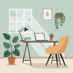 Modern workspace with calming plants and natural light creates a productive and serene atmosphere at home
