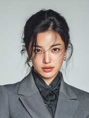 Confident Woman in Gray Blazer with Black Bow Blouse