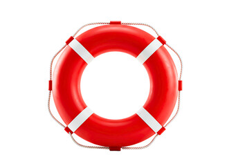 Bright red lifebuoy ring with white straps isolated on transparent background
