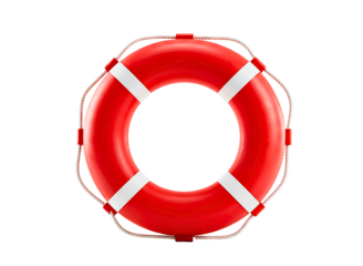 Bright red lifebuoy ring with white straps isolated on transparent background
