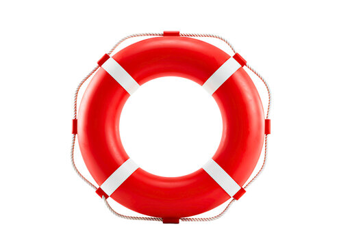 Bright red lifebuoy ring with white straps isolated on transparent background