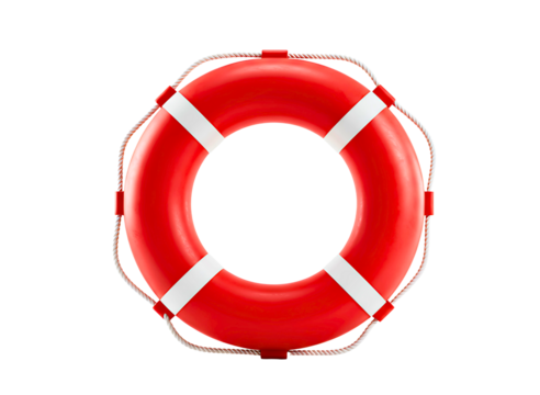 Bright red lifebuoy ring with white straps isolated on transparent background - Powered by Adobe