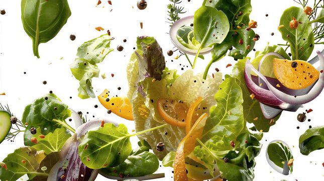 Freshly tossed salad ingredients in mid-air
