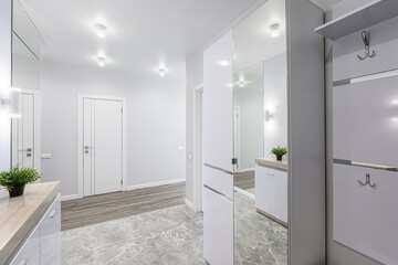 Bright, modern hallway with white walls, gray accents, marble-patterned floor tiles, and mirrored wardrobe. Minimalist design with clean lines and ample lighting