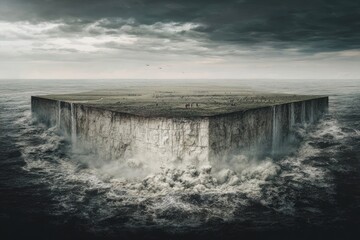Floating square island, dramatic waves, stormy sky