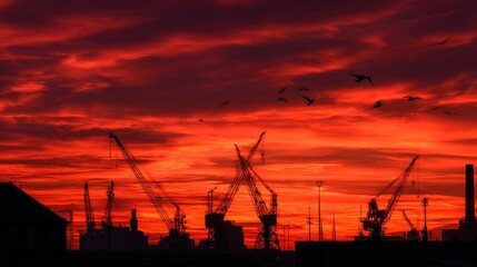 Silhouette of harbor cranes against a fiery sunset