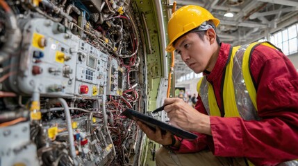 Engineer in safety gear conducting live system diagnostics on aerospace hardware interpreting realtime sensor data for enhanced flight stability.