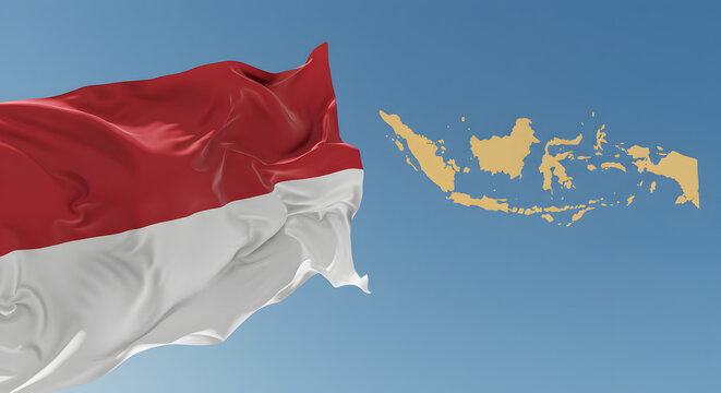 The flag of Indonesia waving proudly in the wind with a map of the archipelago against a clear blue sky, symbolizing national pride.