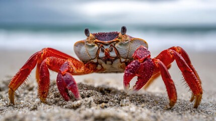 Red Crab on Sandy Beach: A vibrant red crab commands attention as it poses confidently on a sandy beach with the ocean's gentle embrace in the background.