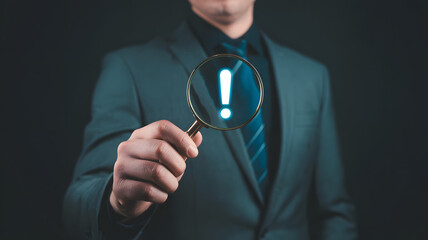 Businessman highlights important information with magnifying glass, sharp focus on detail