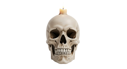 skull candle decor, realistic human skull with candle on top halloween decoration spooky horror theme gothic style macabre object wax light creepy skeleton ornamental design
