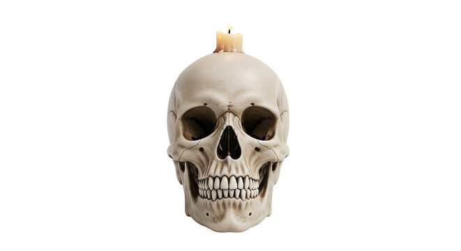 skull candle decor, realistic human skull with candle on top halloween decoration spooky horror theme gothic style macabre object wax light creepy skeleton ornamental design
