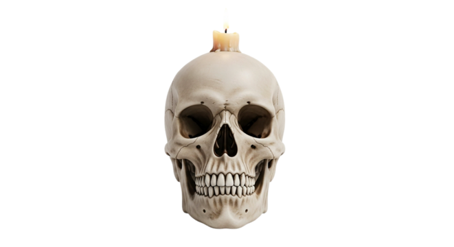 skull candle decor, realistic human skull with candle on top halloween decoration spooky horror theme gothic style macabre object wax light creepy skeleton ornamental design
