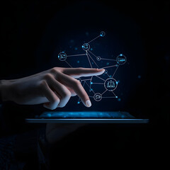 A single hand, lit by the glow of a computer screen, is shown hovering over a tablet. On the screen, a network of nodes and data points represents an AI agent streamlining a business's supply chain