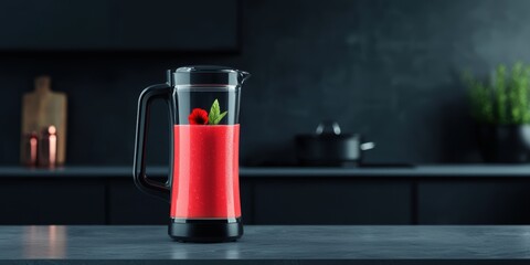 Fototapeta premium A stylish pitcher filled with a vibrant red beverage, garnished with mint and berries, sits on a sleek kitchen countertop against a dark background.