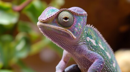 Obraz premium Colorful chameleon perched on a branch in a vibrant habitat showcasing its unique skin patterns