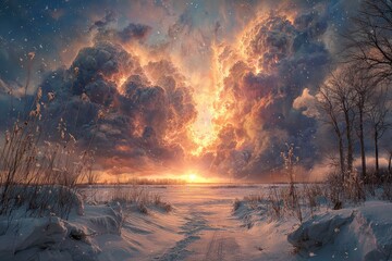 Winter sunset through dramatic clouds over snowy landscape