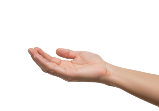 An adult human hand, unadorned, palm up, fingers relaxed, isolated against a transparent studio background with copy space, embodying concepts of trust and offering - Powered by Adobe