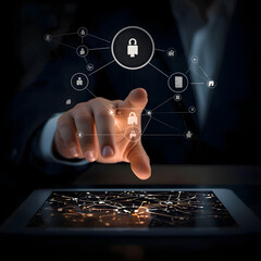 A single hand, lit by the glow of a computer screen, is shown hovering over a tablet. On the screen, a network of nodes and data points represents an AI agent streamlining a business's supply chain