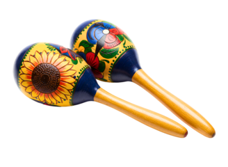 Pair of colorful traditional maracas crossed isolated on transparent background