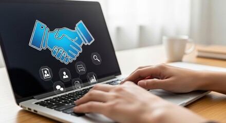 Person using laptop with futuristic blue digital interface and icons