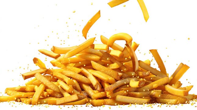 Golden french fries in motion, a pile of crispy fries with pieces flying