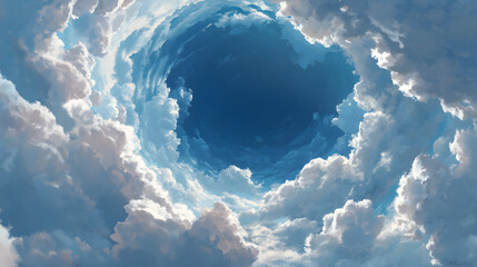 massive circular cloud formation with dark center resembling vortex in sky dreamy surreal anime cartoon aesthetic background
