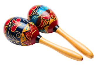 Pair of colorful traditional maracas crossed isolated on transparent background
