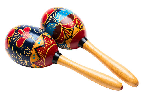 Pair of colorful traditional maracas crossed isolated on transparent background
