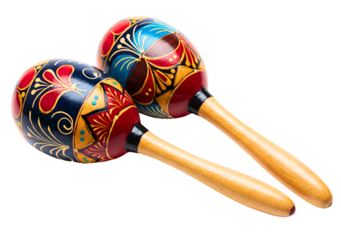 Pair of colorful traditional maracas crossed isolated on transparent background