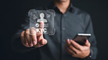 Man verifies identity digitally using KYC process on futuristic interface