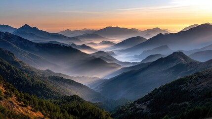 Obraz premium Mountain Serenity: A breathtaking vista unfolds, showcasing a mesmerizing layers of misty mountain ranges under a dawn sky, embodying the tranquil essence of natural grandeur.