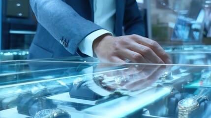 Elegant man in suit browsing luxury watches in a high-end jewelry store