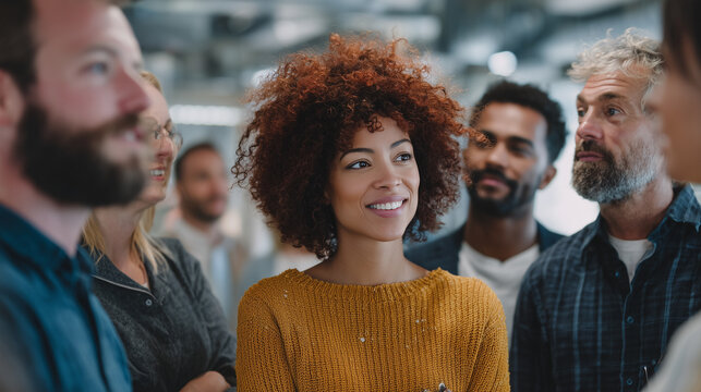 Small group of people standing around talking to each other, multiracial, office environment. Discussing work, colleagues, co-workers standing together, discussing work related theme.